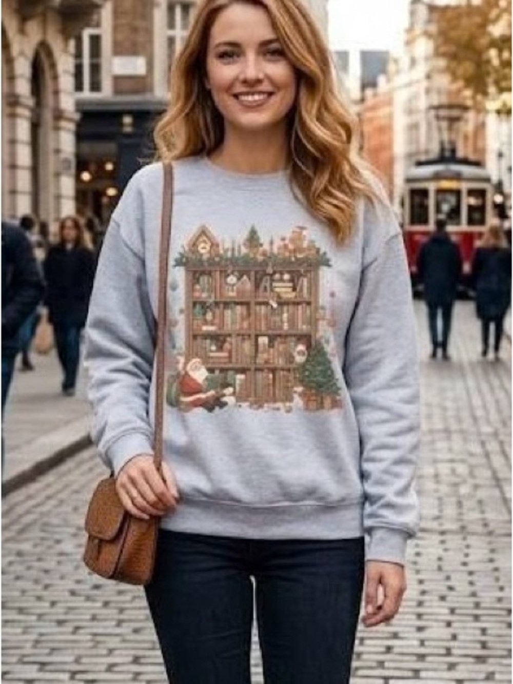 Cozy Christmas Bookshelf Sweatshirt Book Lover Santa Holiday Grey Pullover